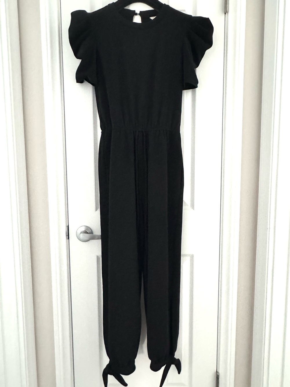 Black Puff-Sleeve Jumpsuit with Tie Ankles